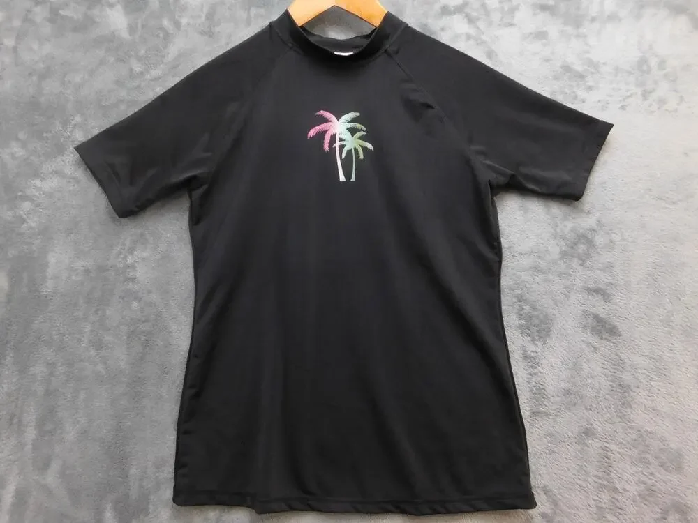 Kanu Girl Rash Guard Girls S Black Short Sleeve Athletic Palm Tree Swim Top